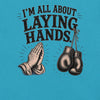 Heather aqua Laying Hands funny Christian T-shirt with praying hands and boxing gloves