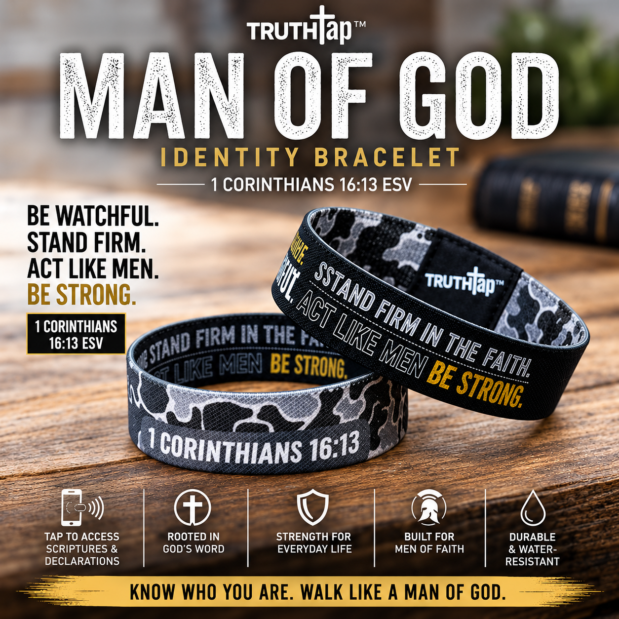 TruthTap™ Man of God Christian Scripture Wristband – 1 Corinthians 16:13