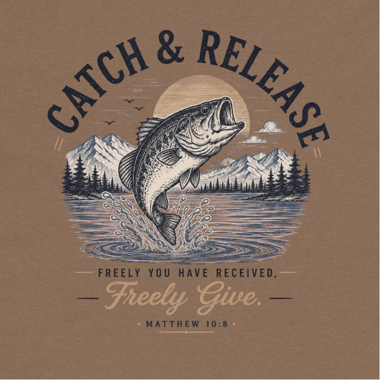A brown t-shirt featuring a circular graphic print of a largemouth bass jumping out of water, with mountains, pine trees, birds, and a sun behind it. The text reads 'CATCH & RELEASE' and 'FREELY YOU HAVE RECEIVED, Freely Give.