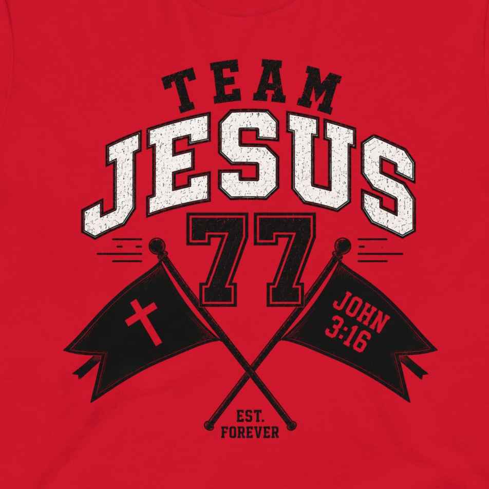 Red Team Jesus 77 Christian T-Shirt with John 3:16 vintage varsity design